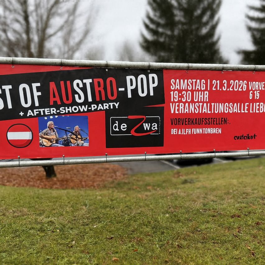 Ein rotes Plakat für 'Best of Austro-Pop' mit einem Bild von Musikern, zeigt Datum, Uhrzeit und Veranstaltungsort eines Events.