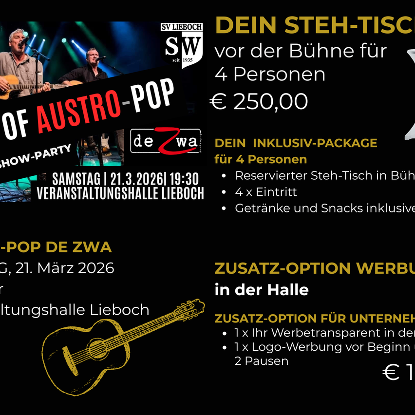 Werbeanzeige für eine Veranstaltung am 21. März 2026. Es zeigt zwei Männer mit Gitarren auf der Bühne und Text über Steh-Tisch für 4 Personen, Preis und Optionen.