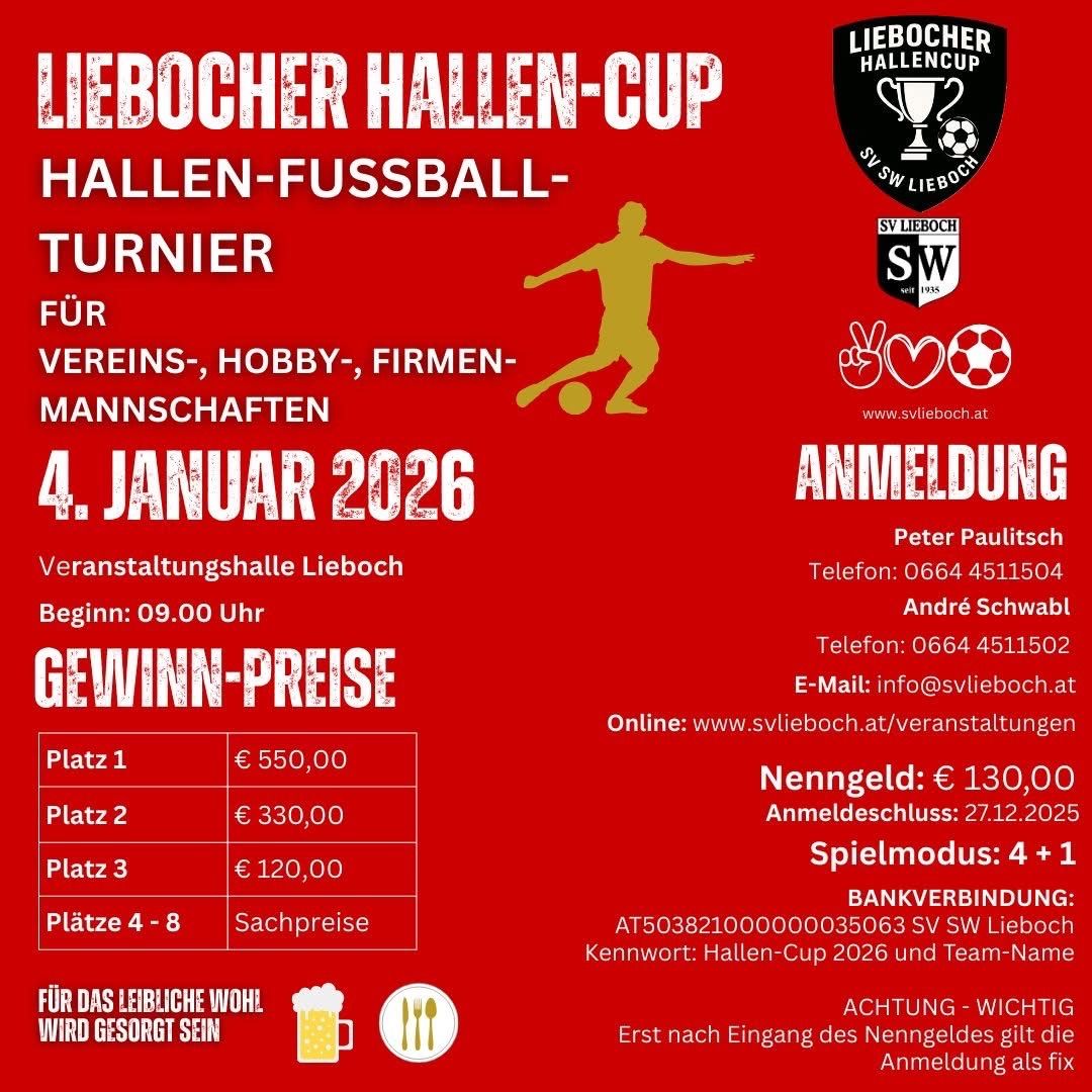 Red poster for the Liebocher Hallen-Cup, a hall football tournament for club, hobby, and company teams. Event date is January 4, 2026, starting at 09:00. Contact details and registration deadline are provided.