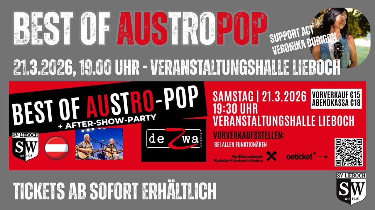Plakat für ein Austro-Pop Konzert in der Veranstaltungshalle. Beginn um 19:00 Uhr. Die Show beinhaltet einen Vorverkauf und zwei Musiker spielen Gitarre.
