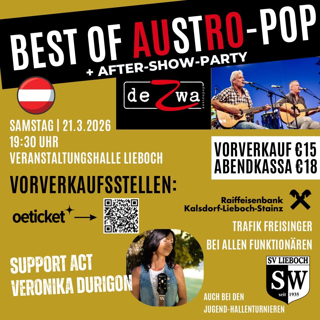 Poster for Best of Austro-Pop with a focus on an after-show party. Features two men playing guitars and singing. The event is on Saturday, March 21, 2026, at 7:30 PM. Tickets are available for €15 in advance and €18 at the door.