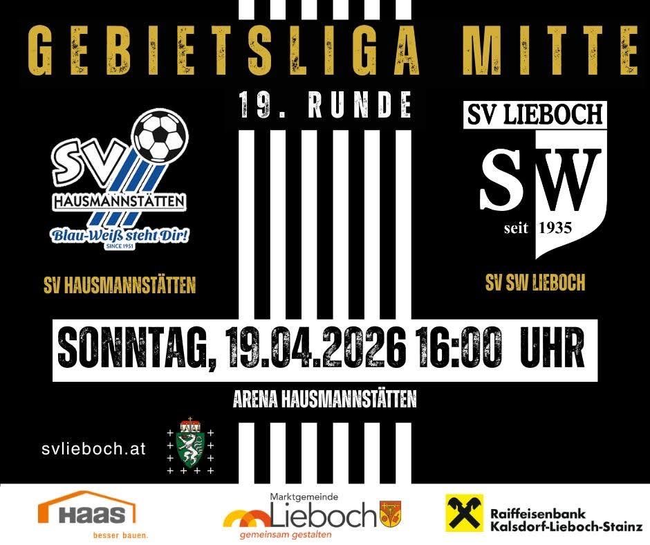 The image announces a football match between SV Hausmannstätten and SV SW Lieboch, scheduled for Sunday, April 19, 2026, at 16:00. The match is the 19th round of the league.