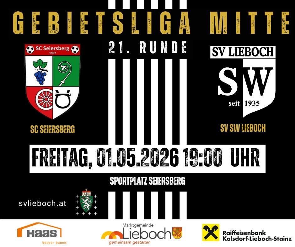 Plakat für ein Fußballspiel zwischen SC Seiersberg und SV SW Lieboch am 1. Mai 2026 um 19:00. Der Ort ist Sportplatz Seiersberg.