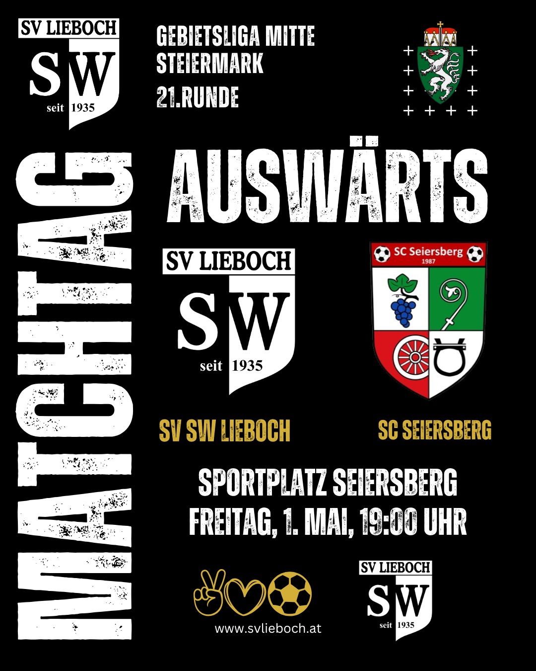 Plakat für ein Auswärtsspiel zwischen SV SW Lieboch und SC Seiersberg am 1. Mai, 19:00 Uhr auf dem Sportplatz Seiersberg. SV Lieboch gegründet 1935.