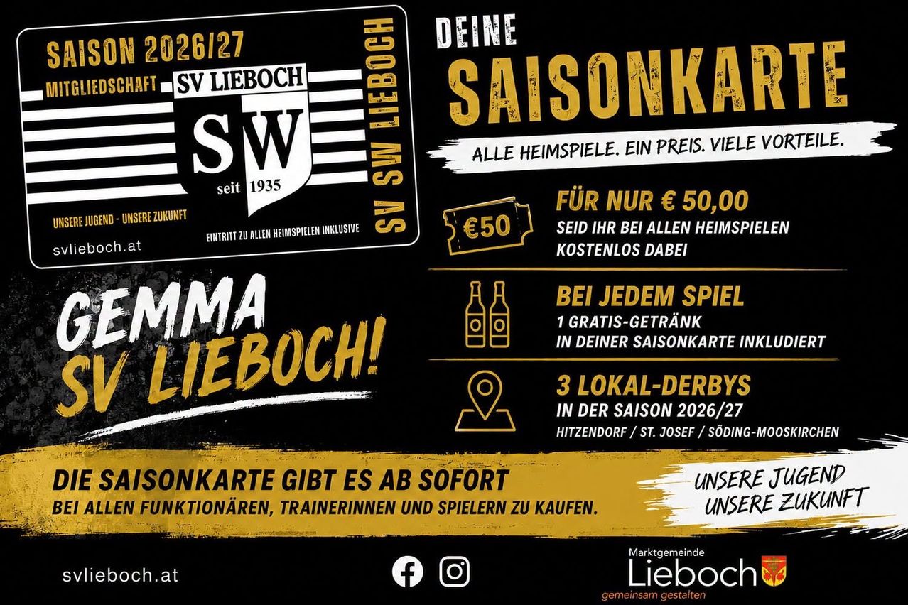 Poster for SV Lieboch football club's 2026/27 season, featuring a logo, a price of 50 euros for a season ticket, and details about free drinks and local derby matches.
