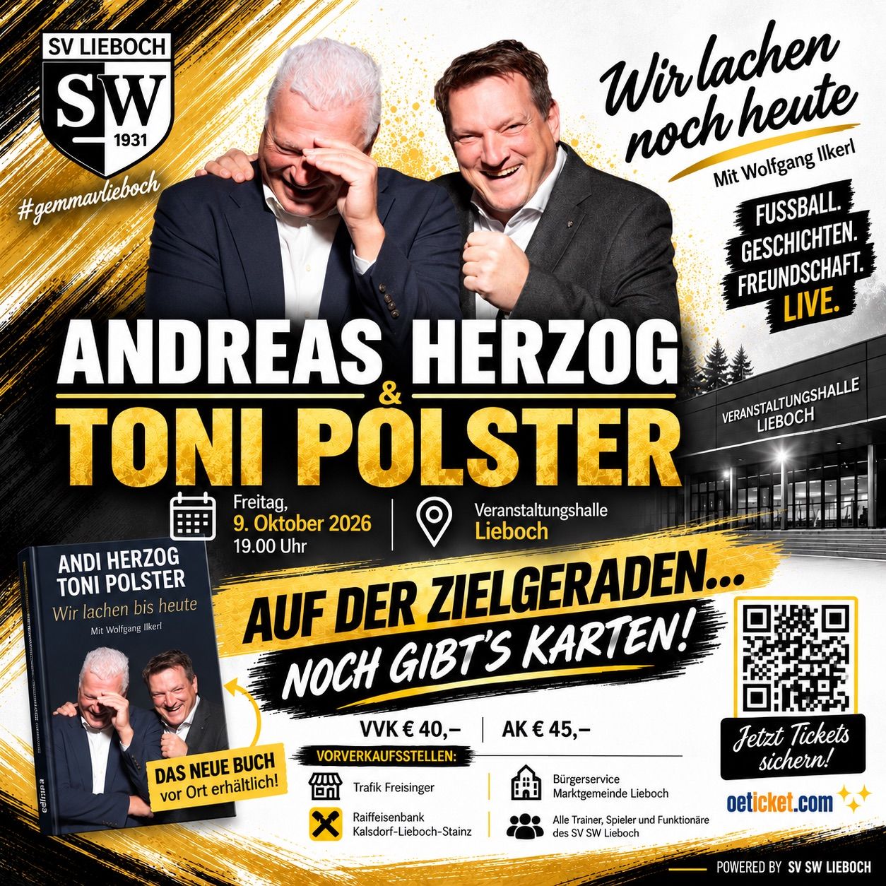 Plakat für eine Veranstaltung mit Andreas Herzog und Toni Polster, mit QR-Code und Ticketinformationen.