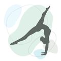 Eine abstrakte Silhouette einer Person, die einen gymnastischen Handstand auf einem weißen Hintergrund mit einem blau-grünen Design ausführt.