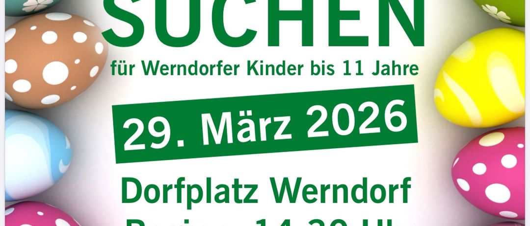 Plakat für eine Ostereiersuche für Kinder bis 11 Jahre in Wendorf am 29. März 2026, Beginn 14:30 Uhr. Das Plakat zeigt bunte Eier und eine Comic-Mädchenfigur.