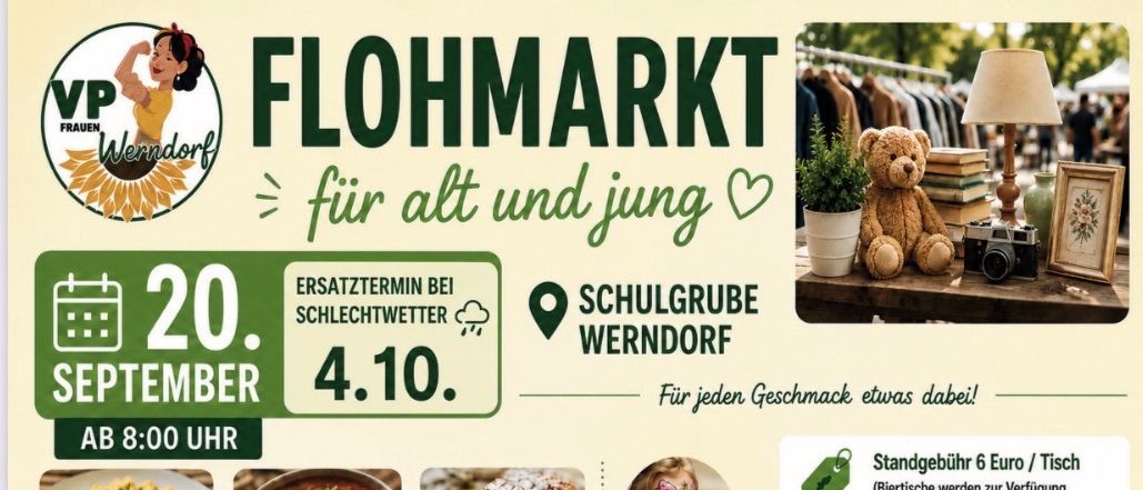 Plakat für einen Flohmarkt in Werndorf mit Essen, Getränken, Kinderecke und Gesichtsbemalung. Datum ist der 4. Oktober, Beginn um 18 Uhr. Anmeldung erforderlich.