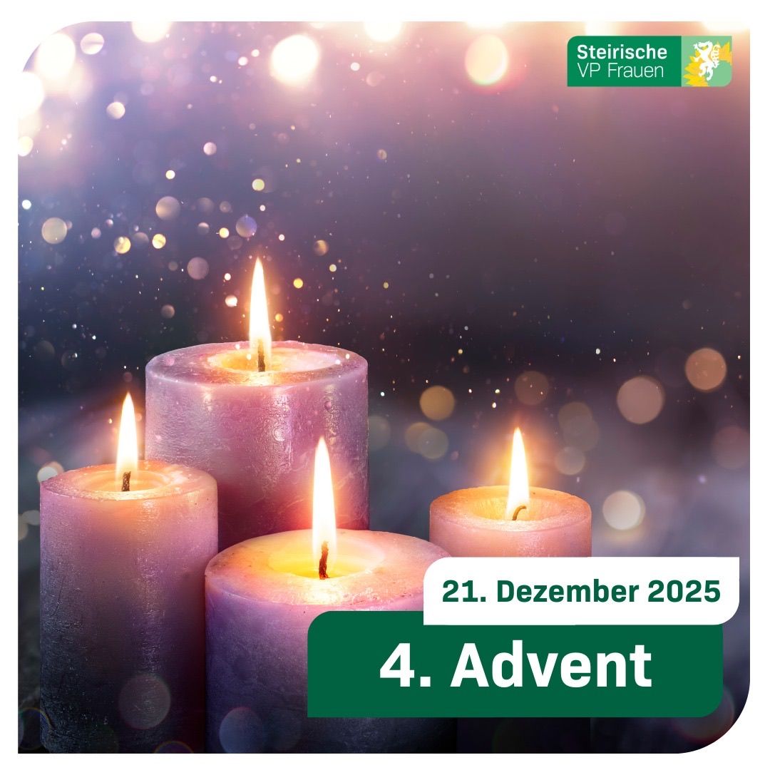 Das Bild zeigt vier brennende Kerzen vor einem verschwommenen Hintergrund. Die Kerzen sind rosa und haben einen warmen Schein. Textüberlagerungen lauten '21. Dezember 2025' und '4. Advent.' Der Hintergrund ist weich verschwommen, mit einer Mischung aus Lila und Blautönen.