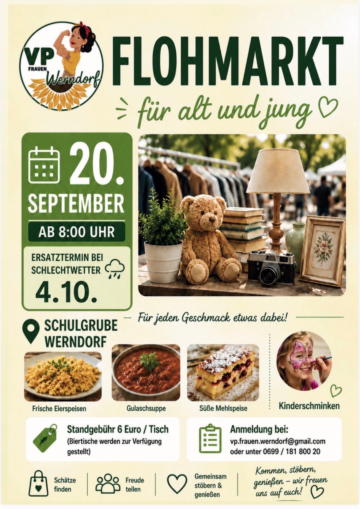 Plakat für den Flohmarkt in Wenddorf am 20. September. Beginn um 8 Uhr. Indoor-Veranstaltung um 16:10 Uhr. Essen, Spiele und Spaß für alle Altersgruppen.
