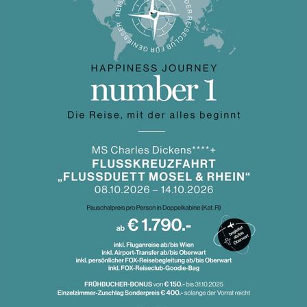 Werbeanzeige für eine Flusskreuzfahrt auf der Mosel und dem Rhein, Abfahrt am 8. Oktober 2026 und Rückkehr am 14. Oktober 2026. Preis ab €1.790 pro Person. Beinhaltet Flüge, Flughafentransfers und einen FOX-Reisebeutel.