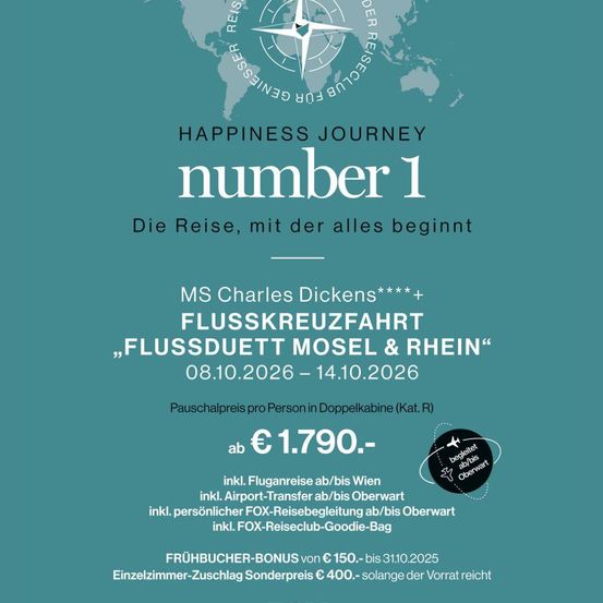 Werbeanzeige für eine Flusskreuzfahrt auf der Mosel und dem Rhein, Abfahrt am 8. Oktober 2026 und Rückkehr am 14. Oktober 2026. Preis ab €1.790 pro Person. Beinhaltet Flüge, Flughafentransfers und einen FOX-Reisebeutel.