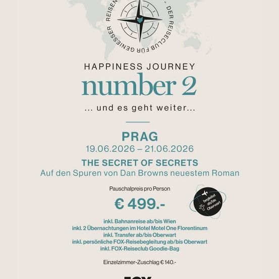 Glücksreise Nummer 2. Prag, 19.06.2026-21.06.2026. Das Geheimnis der Geheimnisse. Preis pro Person €499. Beinhaltet Bahnreise, Hotel und persönliche Reiseleitung.