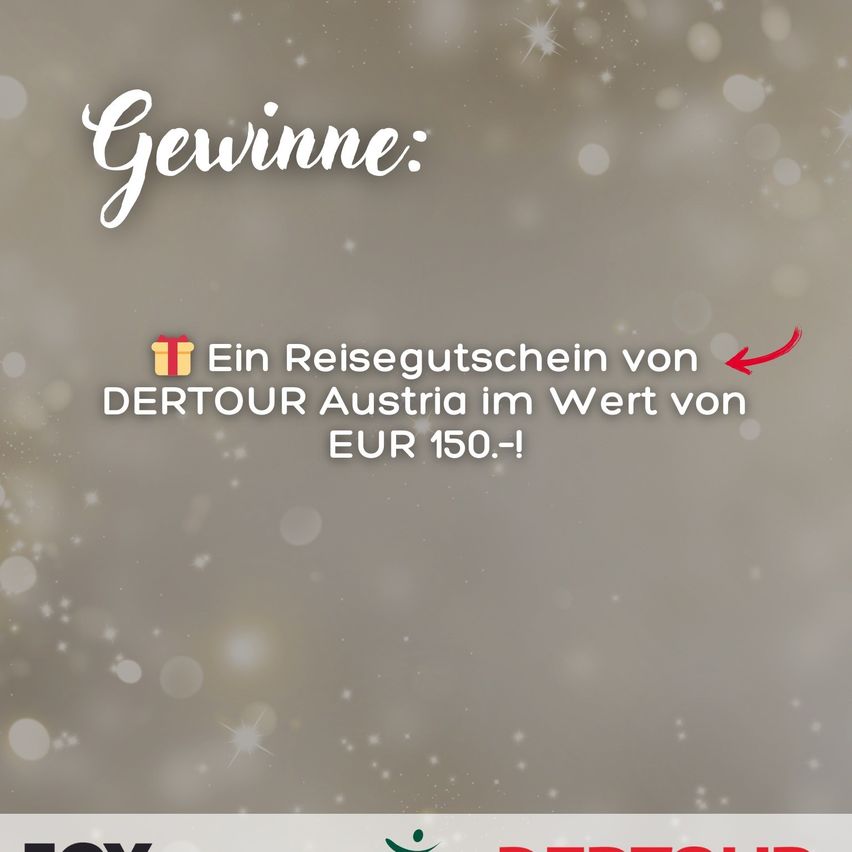 Gewinnen Sie einen Reisegutschein von DERTOUR Austria im Wert von 150 EUR. Ein Geschenkbox-Symbol zeigt den Preis an. Der Hintergrund hat einen Bokeh-Effekt.