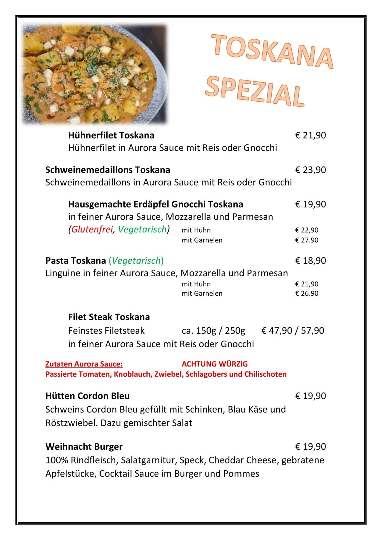 Menü mit Hühnchen-, Schweine- und Steakgerichten mit verschiedenen Saucen und Preisen. Beinhaltet glutenfreie und vegetarische Optionen.