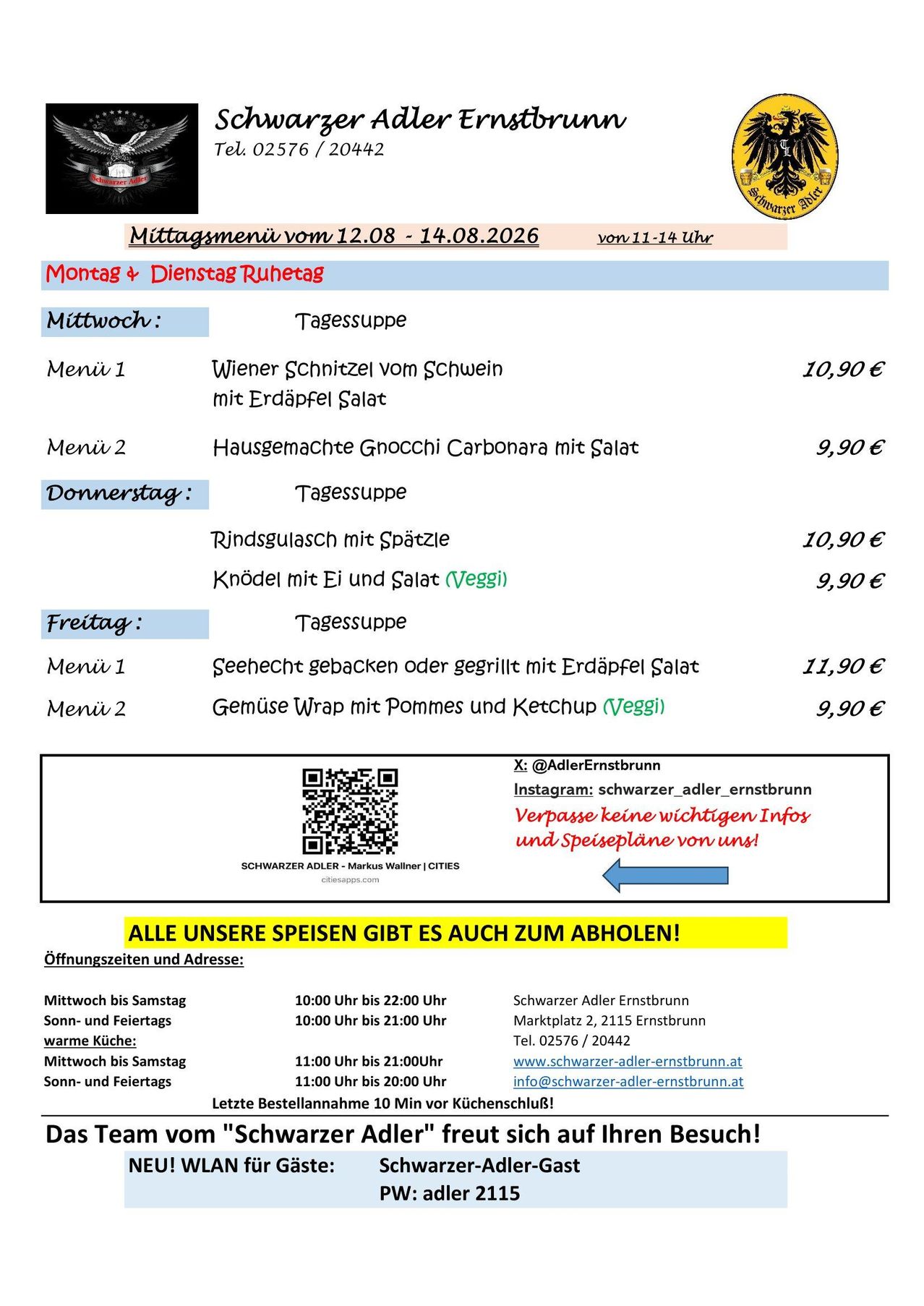 Ein Menü für ein Restaurant zeigt Essensoptionen für Montag, Dienstag, Mittwoch, Donnerstag und Freitag vom 12. August bis 14. August 2026. An jedem Tag gibt es zwei Menüoptionen mit Preisen. Das Restaurant bietet auch Kontaktdaten und Öffnungszeiten an.