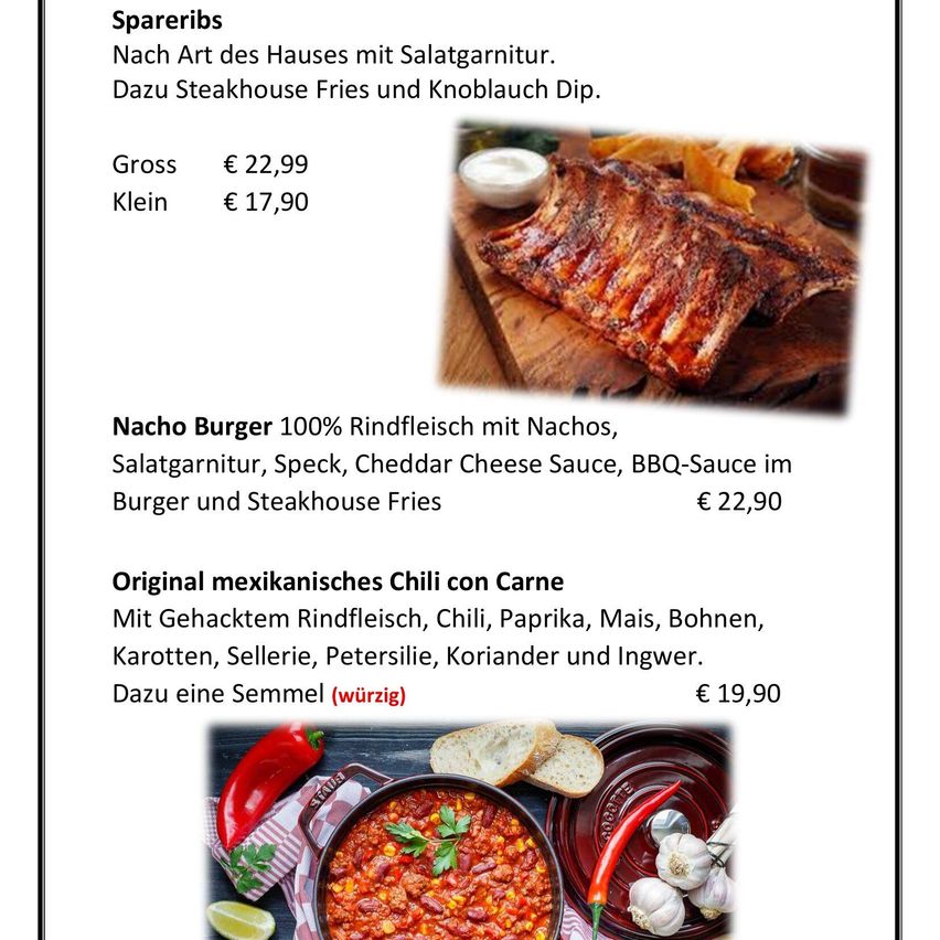 Menü mit Spareribs mit Salatgarnitur. Dazu Steakhouse Fries und Knoblauch Dip. Gross: €22,99, Klein: €17,90.