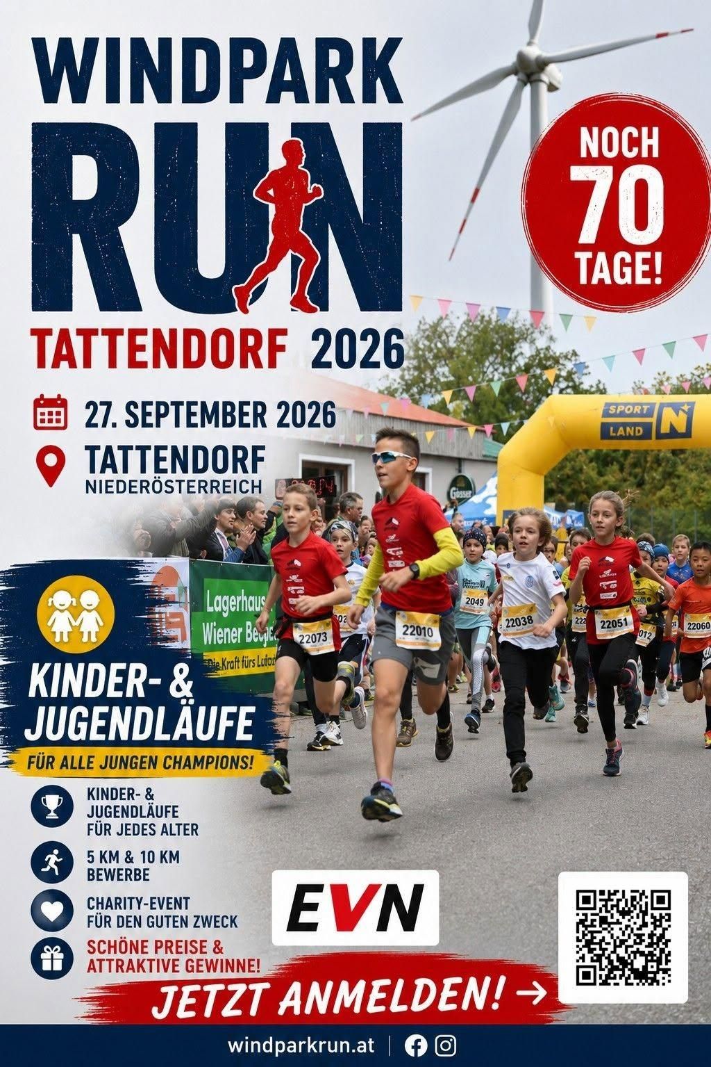 Plakat für den Tattendorf 2026 Lauf, mit Kindern und Erwachsenen, die in einem Rennen laufen, mit Nummern auf ihren Trikots und einem gelben Bogen im Hintergrund. Die Veranstaltung ist für den 27. September 2026 geplant.