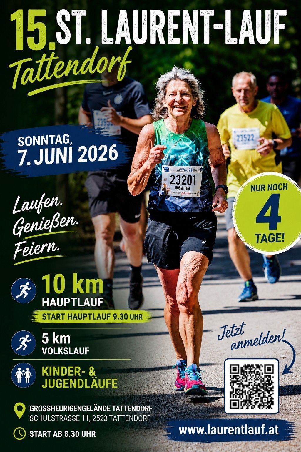 Plakat für einen Lauf am 7. Juni 2026. Es zeigt eine Frau, die eine Gruppe von Läufern anführt. Die Veranstaltung bietet einen 10 km Hauptlauf und einen 5 km Volkslauf. Anmeldung verfügbar.