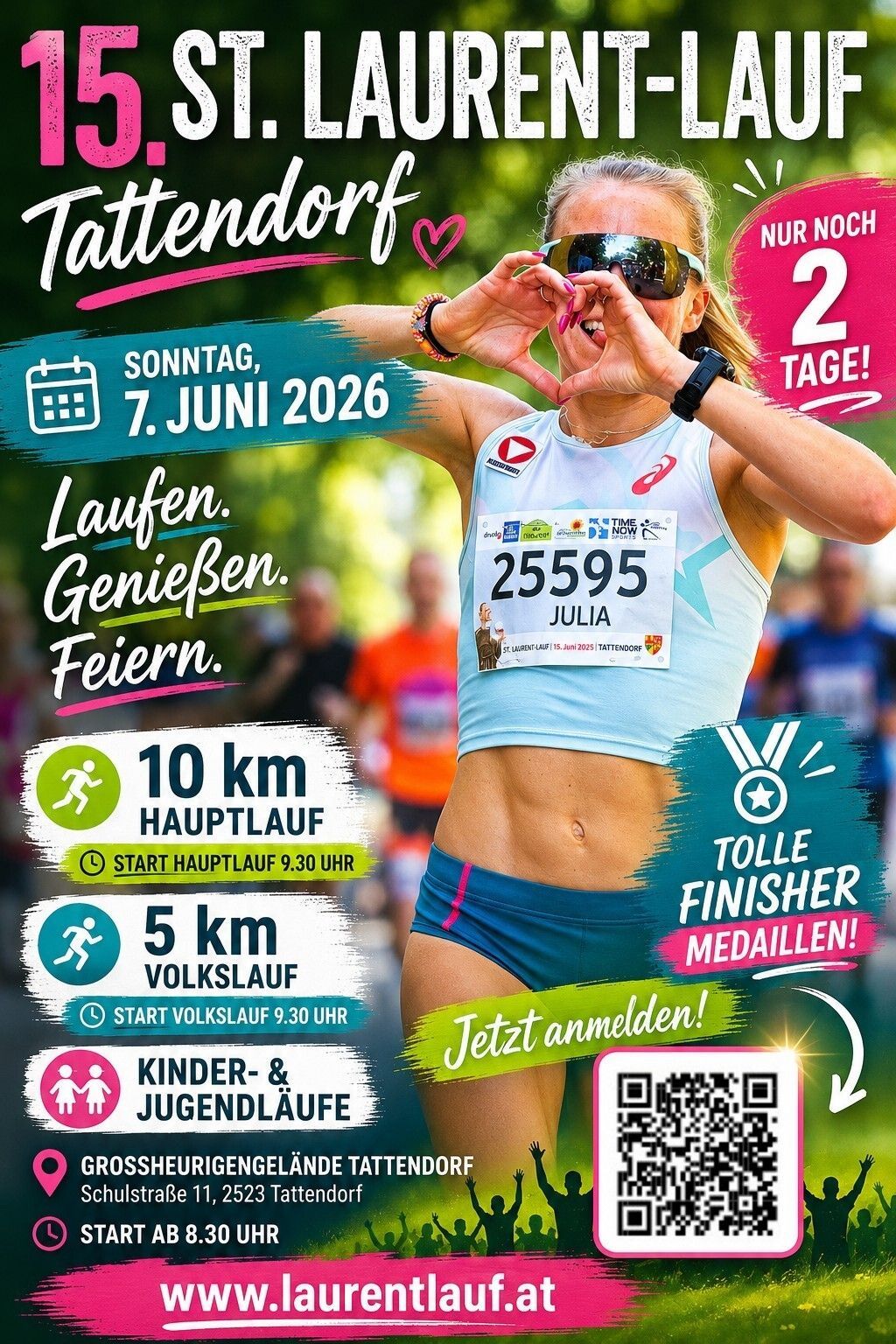 Plakat eines Laufevents. Eine Frau läuft und macht mit den Händen eine Herzform. Der Plakattext lautet 'Laufen, Genießen, Feiern'. Es gibt zwei Laufdistanzen: 10 km und 5 km. Das Datum ist der 7. Juni 2026.