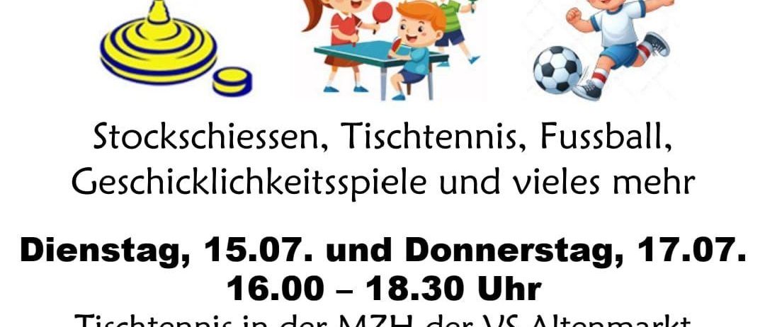 Ein farbenfrohes Plakat bewirbt Ferienspiele für Kinder und Jugendliche. Aktivitäten umfassen Ringwurf, Tischtennis, Fußball und vieles mehr. Geplant für den 15., 17. und 18. Juli, von 16:00 bis 18:30 Uhr.