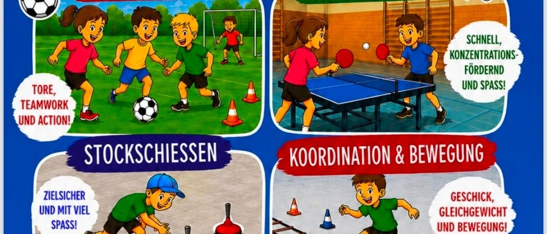 Ein illustriertes Poster mit verschiedenen Kinderaktivitäten: Fußball, Tischtennis, Bogenschießen und ein Fahrrad-Hindernisparcours. Jede Aktivität ist mit ihren Vorteilen beschriftet, wie Teamgeist, Koordination und Spaß. Das Poster ist farbenfroh und ansprechend und ermutigt zur Teilnahme.