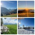 Eine Collage aus vier Bildern, die verschiedene Landschaften und eine Holzbank zeigen. Das erste Bild zeigt eine sonnige Landschaft mit Bergen im Hintergrund. Das zweite Bild zeigt einen Sonnenuntergang mit Bergen im Hintergrund. Das dritte Bild zeigt eine Holzbank in einem Grasfeld. Das vierte Bild zeigt ein Holzkreuz auf einer verschneiten Landschaft.