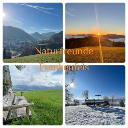 Eine Collage aus vier Bildern, die verschiedene Landschaften und eine Holzbank zeigen. Das erste Bild zeigt eine sonnige Landschaft mit Bergen im Hintergrund. Das zweite Bild zeigt einen Sonnenuntergang mit Bergen im Hintergrund. Das dritte Bild zeigt eine Holzbank in einem Grasfeld. Das vierte Bild zeigt ein Holzkreuz auf einer verschneiten Landschaft.