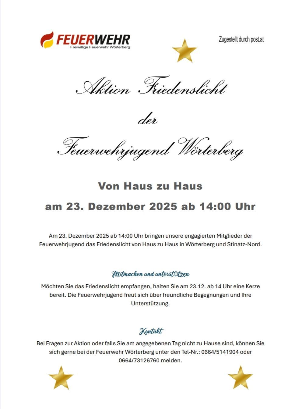 Das Dokument ist eine Einladung zur Aktion Friedenslicht der Feuerwehr Wörthersee am 23. Dezember 2025, beginnend um 14:00 Uhr. Die Veranstaltung bringt das Friedenslicht von Haus zu Haus in Wörthersee und Südstadt. Kontaktinformationen sind für Anfragen angegeben.