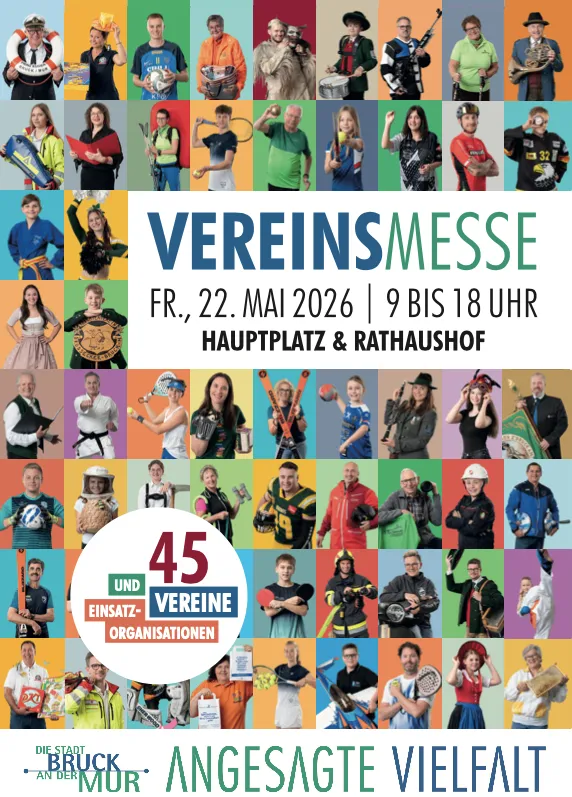 Plakat für Vereinsmesse mit verschiedenen Aktivitäten, einschließlich Sport und Musik, die am Freitag, den 22. Mai 2026, von 9 Uhr bis 18 Uhr auf dem Hauptplatz und im Rathaus stattfinden.