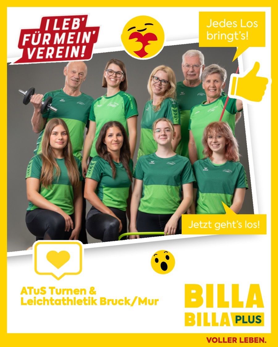 Gruppenfoto der Athleten von Billa und ATuS Turnen & Leichtathletik Bruck/Mur in grünen Trikots, einer hält eine Hantel. Bildunterschrift: 'Jetzt geht's los!' und 'Fur mein Verein!'. Gelber Daumen hoch.