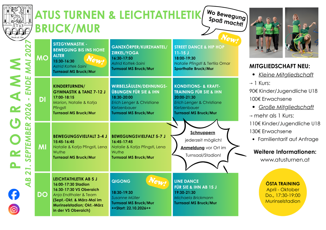 Ein Flugblatt für verschiedene Sportkurse, einschließlich Gymnastik, Tanz und Kampfsport, mit Zeitplänen und Kursleitern aufgeführt. Das Flugblatt enthält auch einen Aufruf zur Teilnahme an den Kursen.