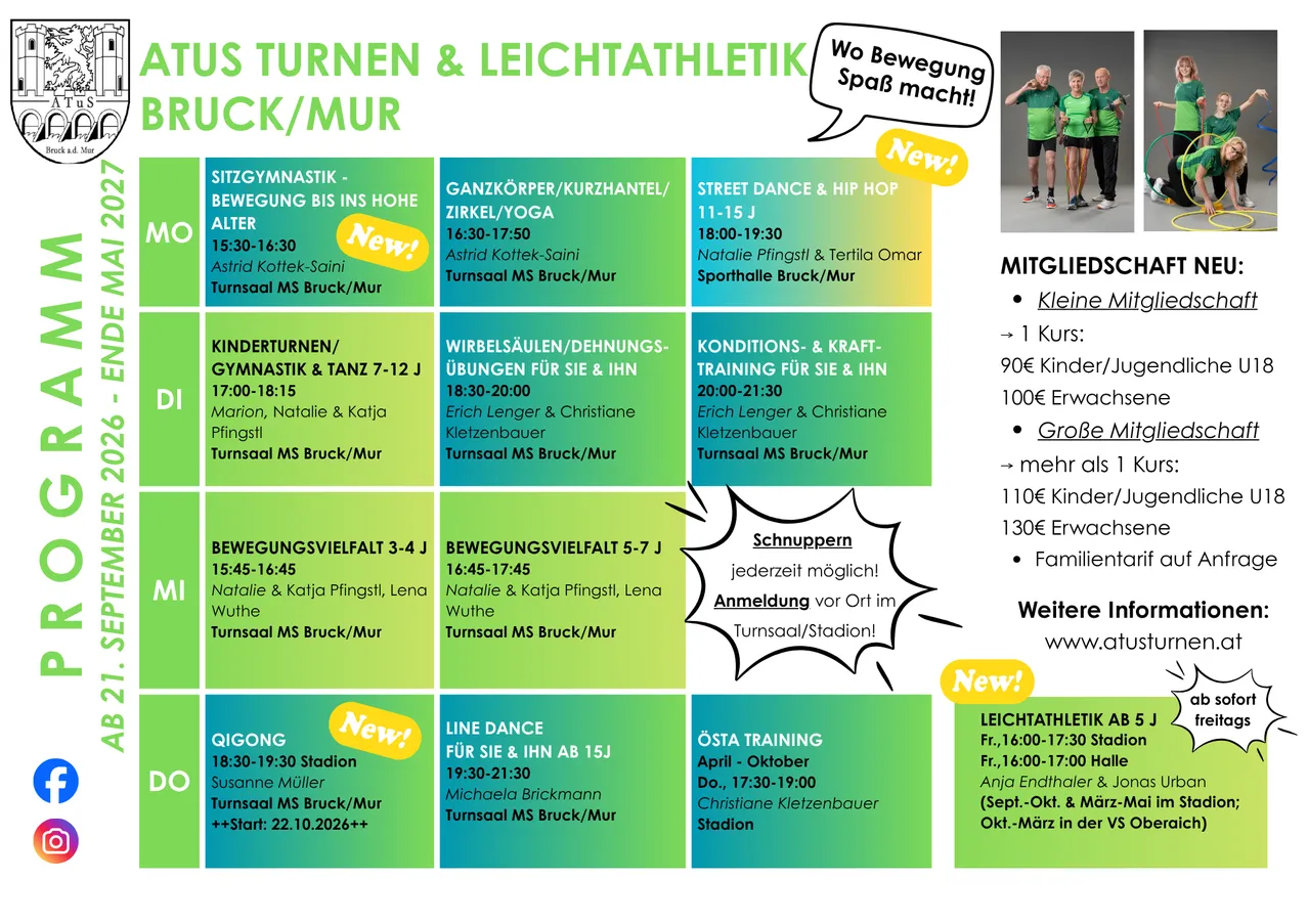 Ein Flyer mit verschiedenen Fitnesskursen für Erwachsene und Kinder. Kurse umfassen Sitzgymnastik, Street Dance, Qigong und mehr. Die Kurse finden im Turnsaal MS Bruck/Mur statt.