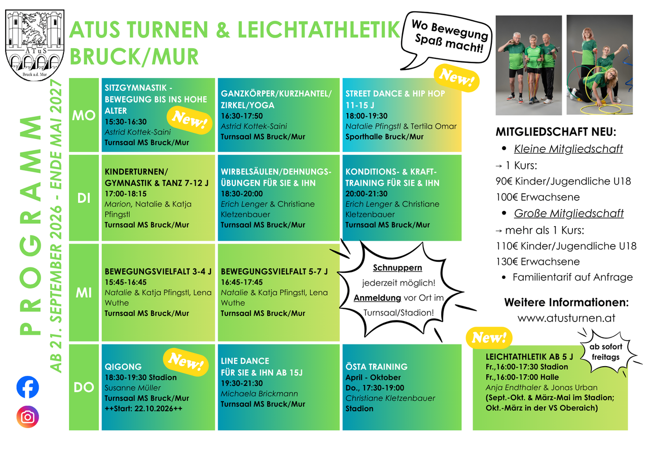 Ein Flyer mit verschiedenen Fitnesskursen für Erwachsene und Kinder. Kurse umfassen Sitzgymnastik, Street Dance, Qigong und mehr. Die Kurse finden im Turnsaal MS Bruck/Mur statt.