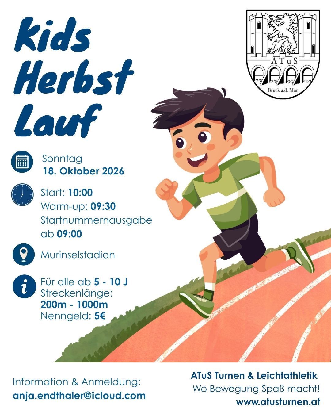 Plakat für einen Kinderlauf am 18. Oktober 2026 mit einem Jungen, der auf einer Laufbahn läuft. Details umfassen Startzeit, Aufwärmphase und Distanzen.
