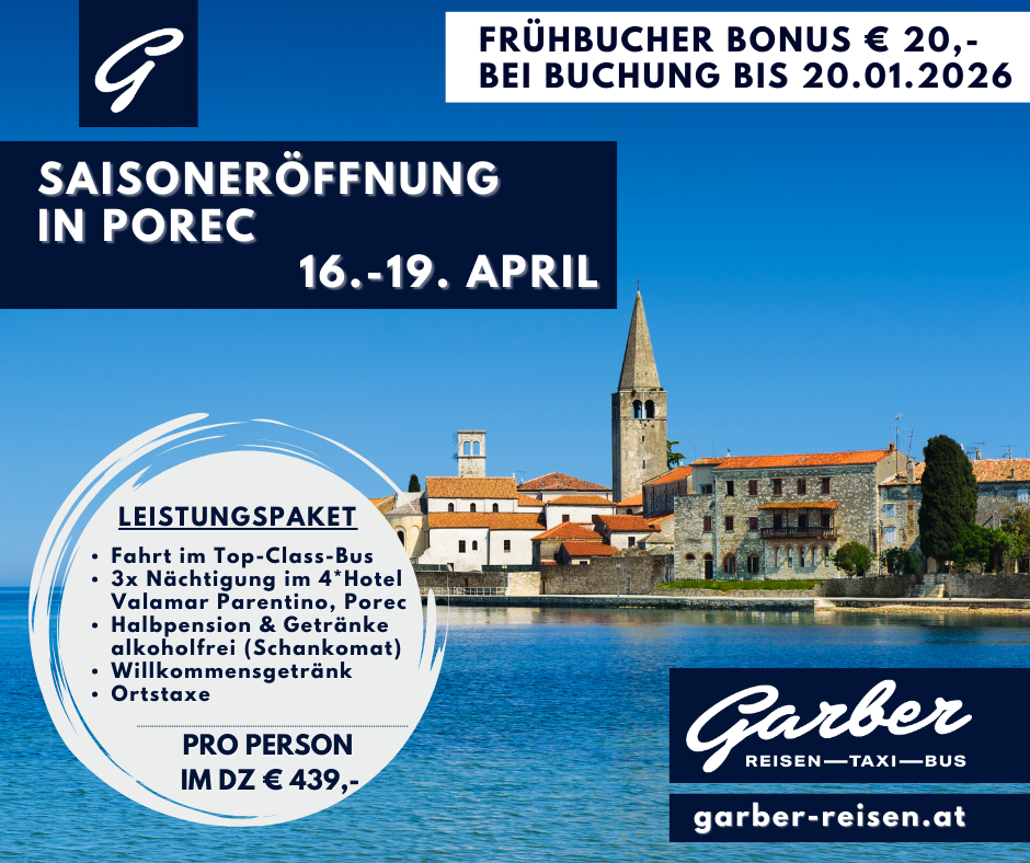Season opening in Porec from April 16th to 19th. Includes top-class bus transport, 3 nights at a 4-star hotel, half-board, and a welcome drink. Price per person is €439. Early bird bonus of €20 until January 20th.
