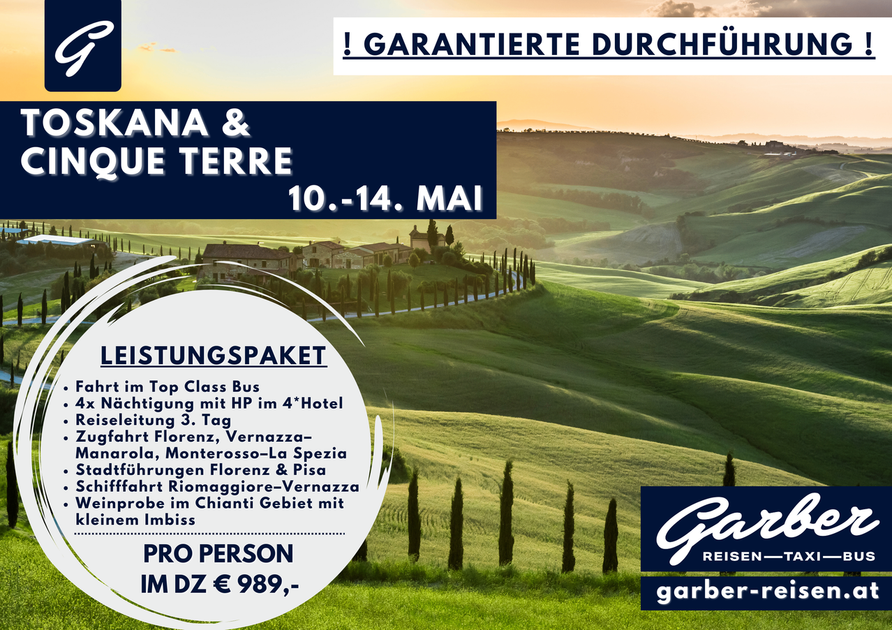 Eine Anzeige für ein Tourpaket mit einem Top-Class-Bus, Hotelübernachtungen und Mittagessen. Die Reiseroute umfasst Besuche in Florenz, Vernazza, Monterosso, La Spezia und Pisa. Die Tour beinhaltet auch ein Mittagessen in der Chianti-Region. Der Preis beträgt 989 Euro pro Person.