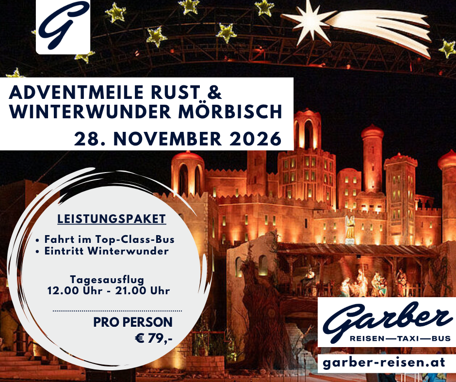 An advertisement for a day trip to Winterwunder Morbisch on November 28, 2026. It features a castle with lights and stars, and includes details about the tour package.