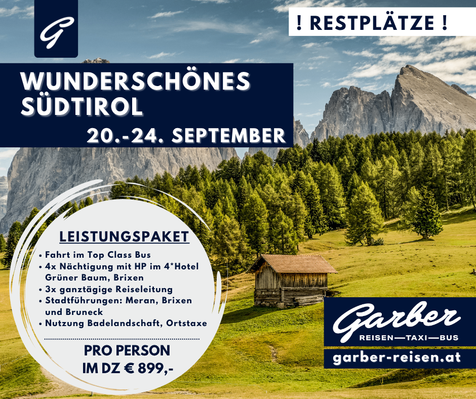 Reisepaket-Werbung für einen Ausflug in die wunderschöne Südtirol-Region mit einer Berglandschaft, einem kleinen Holzhaus und einem Bus. Das Paket beinhaltet Transport, Unterkunft und geführte Touren. Preislich bei 899 Euro pro Person.