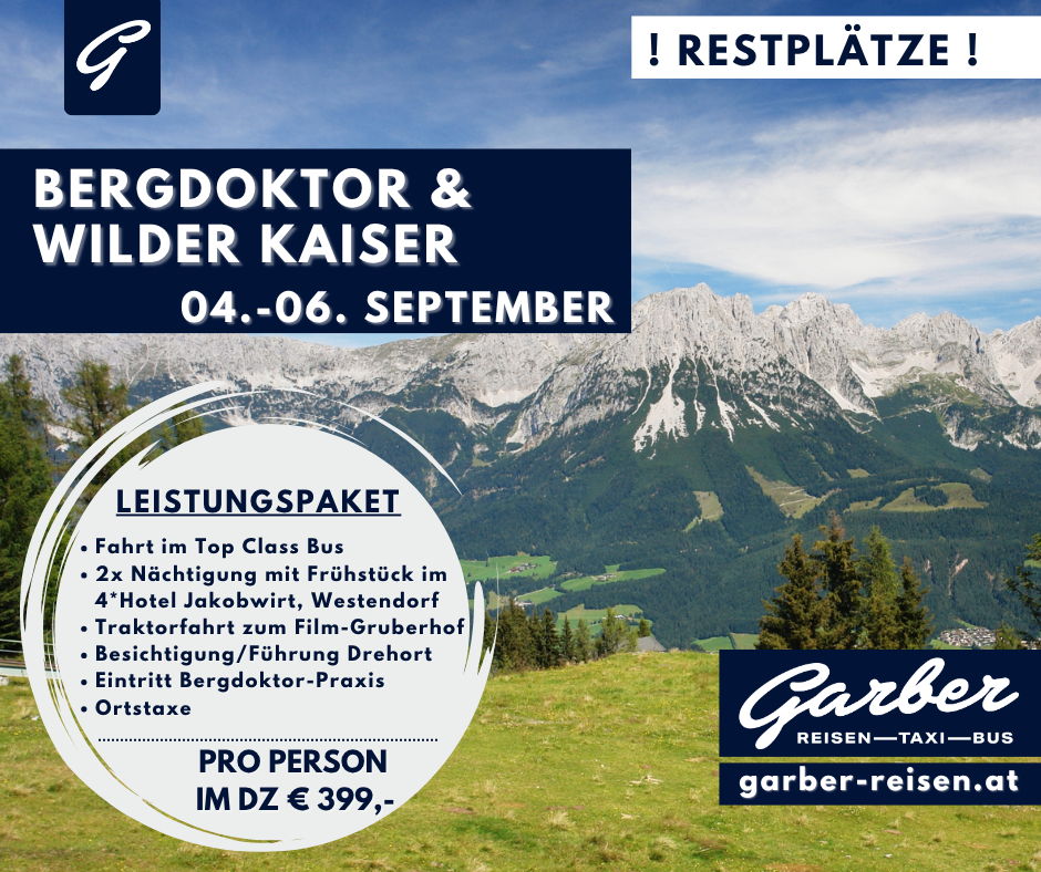 Ein Werbeposter für ein Reisepaket mit einer malerischen Berglandschaft, das eine Fahrt im Top-Class-Bus, Übernachtungen, Traktorfahrt und Arztbesuch anbietet. Zum Preis von 399 € pro Person.