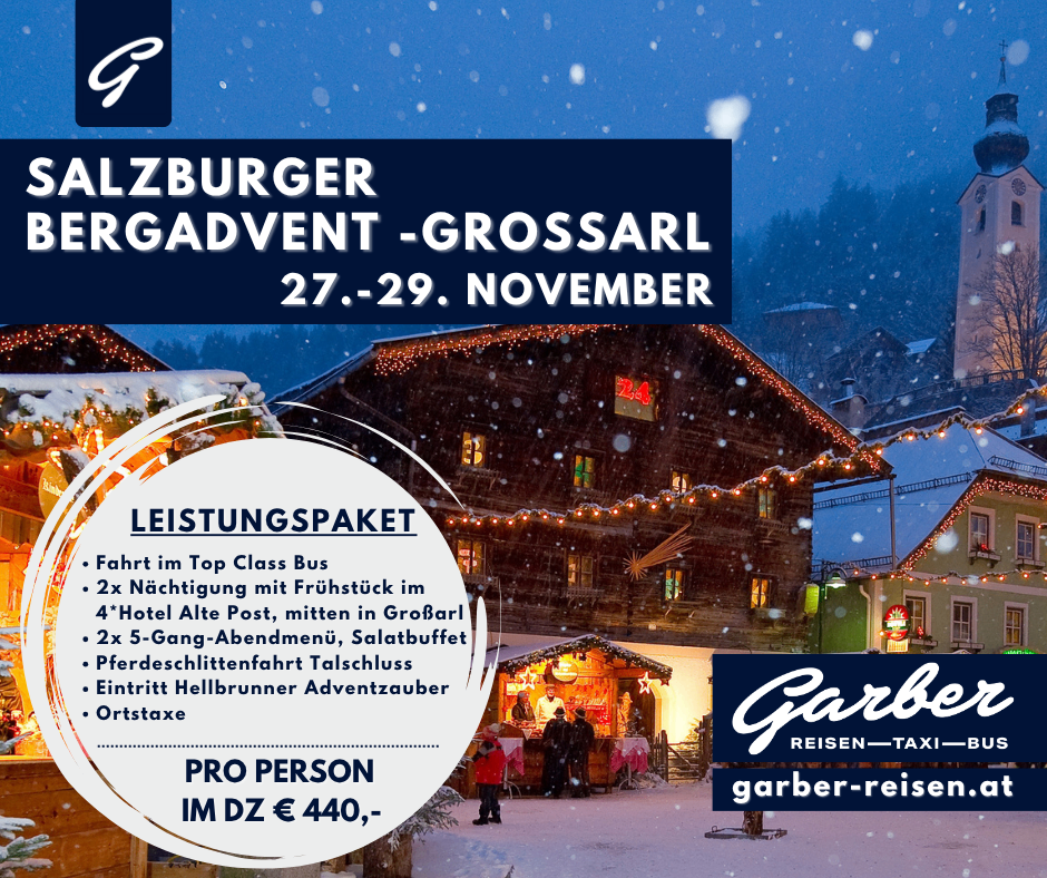 Plakat für eine Salzburger Weihnachtsmarkttour vom 27. bis 29. November, mit einem verschneiten Dorf, einem Bus und einem Hotel. Beinhaltet Transport, Mahlzeiten und Aktivitäten.