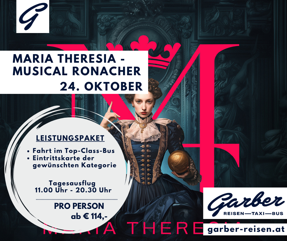 Poster for a musical event featuring Maria Theresa, with a woman in historical costume holding a golden ball, set against a dark background. The event is scheduled for October 24th.