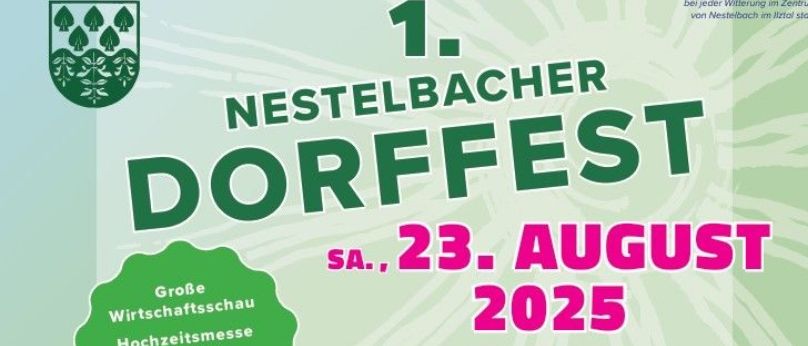 Plakat für Dorffest-Veranstaltung mit Musikern und Künstlern, einschließlich Datum, Uhrzeit und Zeitplan.