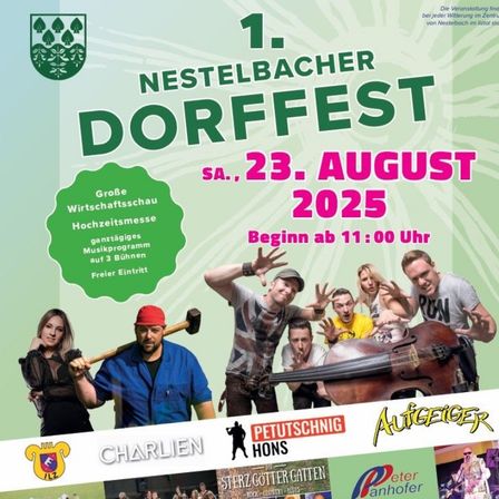 Plakat für die Dorffest-Veranstaltung am 23. August 2025 mit Musikern und Bands. Die Veranstaltung beginnt um 11:00 Uhr mit freiem Eintritt. Es gibt Auftritte von Gruppen wie Petutschnig Hons, Charlien und Die Aufgeiger. Die Veranstaltung findet in der Wirtschaftsschau Hochzeutsmesse statt.