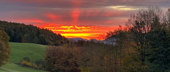 Sonnenuntergang über einer üppigen grünen Wiese, leuchtende rote und orangefarbene Farbtöne malen den Himmel, mit Bäumen und fernen Bergen, die eine friedliche Landschaft bilden.