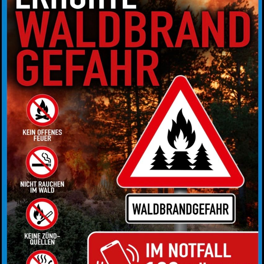 Ein Plakat mit einer Warnung vor Waldbrandgefahr. Es zeigt ein Feuerwarnschild, Rauchverbotsschilder und ein Schild für kein offenes Feuer. Es enthält auch einen Notfallkontakt.
