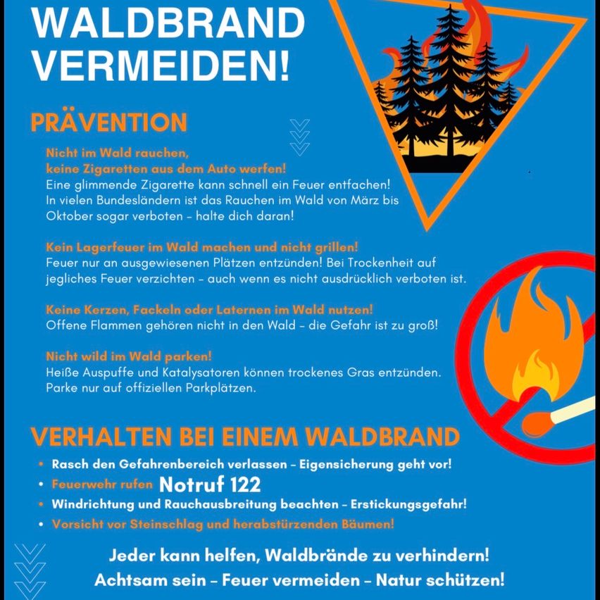 Ein blaues Plakat mit einem Feuerdreieck und Text zur Verhinderung von Waldbränden. Es rät vom Rauchen, Entzünden von Feuern und Parken in Wäldern ab. Es bietet auch Sicherheitstipps während eines Waldbrandes.