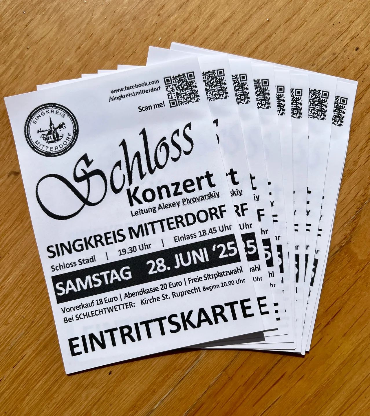 Konzertkarten für das Schloss Konzert in Mitterdorg am 28. Juni. Tickets sind für 18 Euro erhältlich.