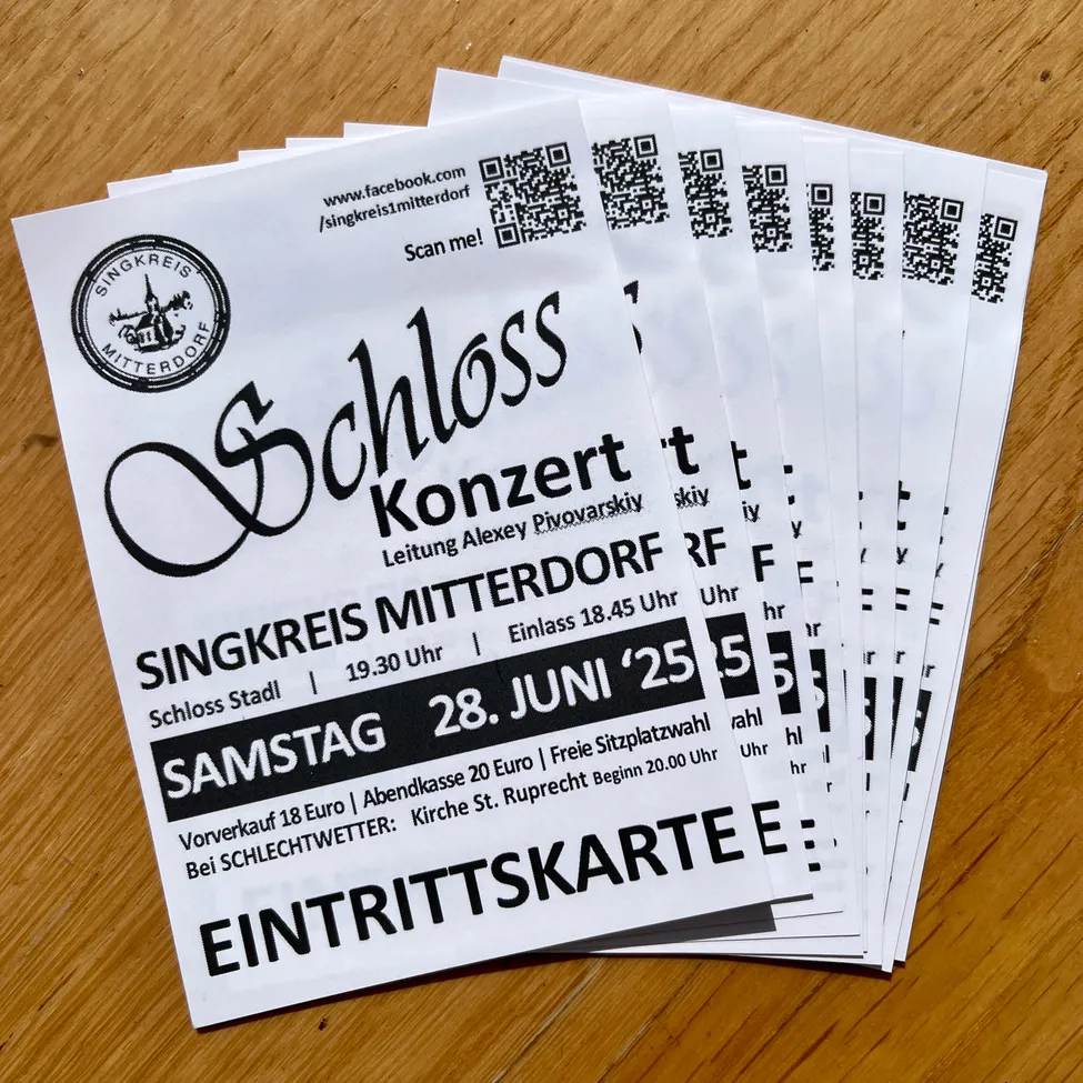 Konzertkarten für das Schloss Konzert in Mitterdorg am 28. Juni. Tickets sind für 18 Euro erhältlich.